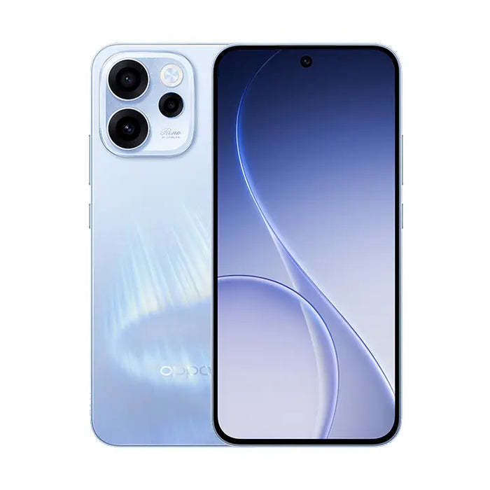 Light blue smartphone front and back with triple rear camera array