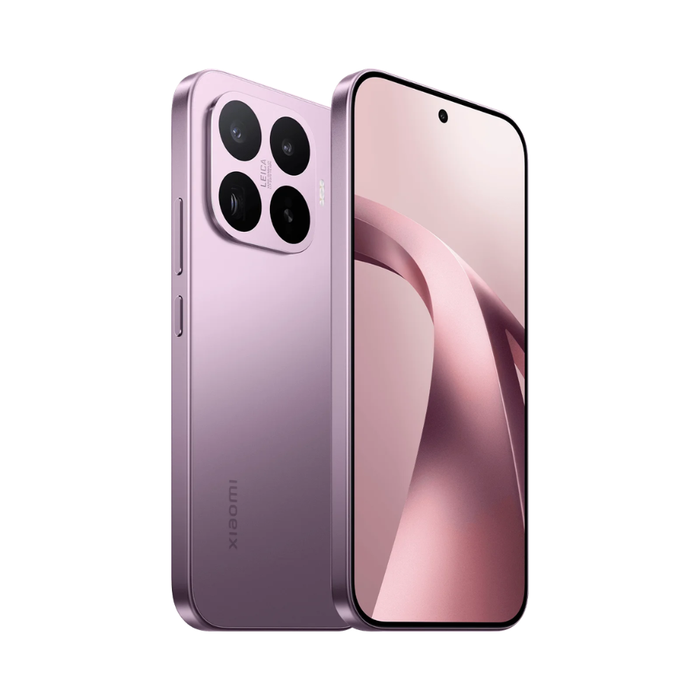 Violet smartphone rear and front angle view with quad-camera module and display.