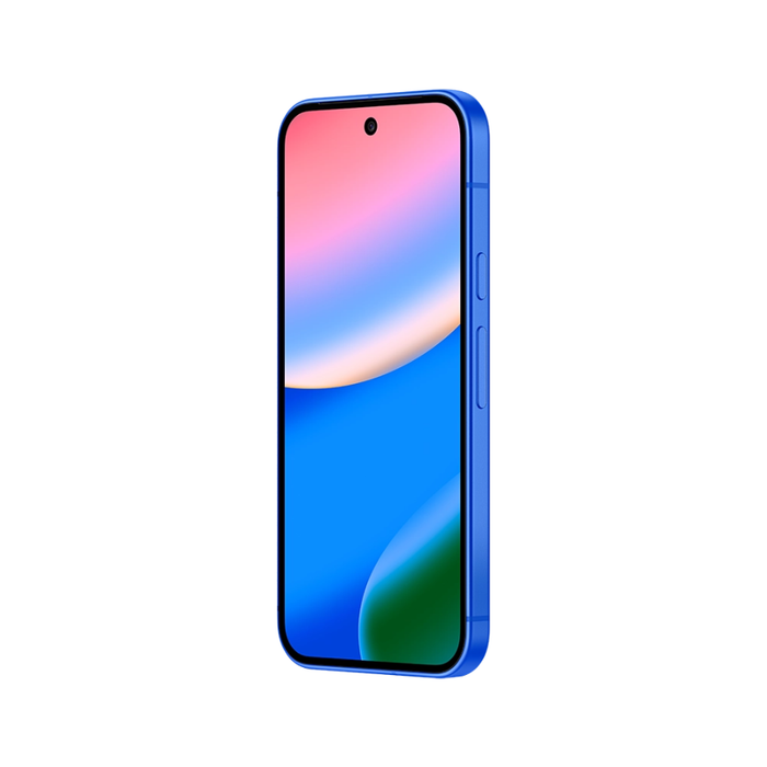 Smartphone in blue with front display and side buttons, edge view
