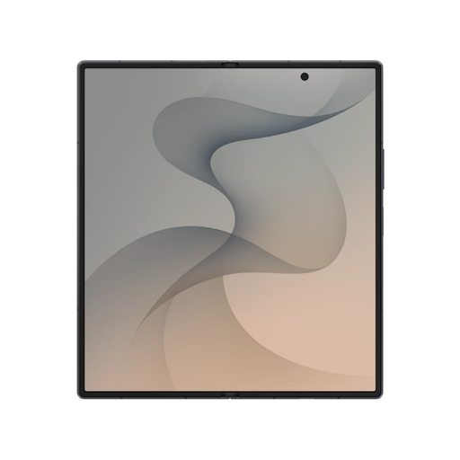 Foldable smartphone showing unfolded front display with abstract wallpaper