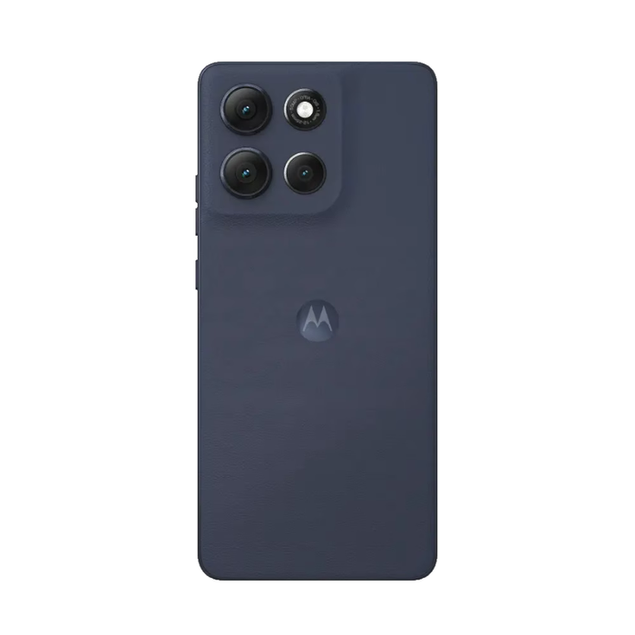 Motorola smartphone, dark blue back panel with quad camera array and Moto logo