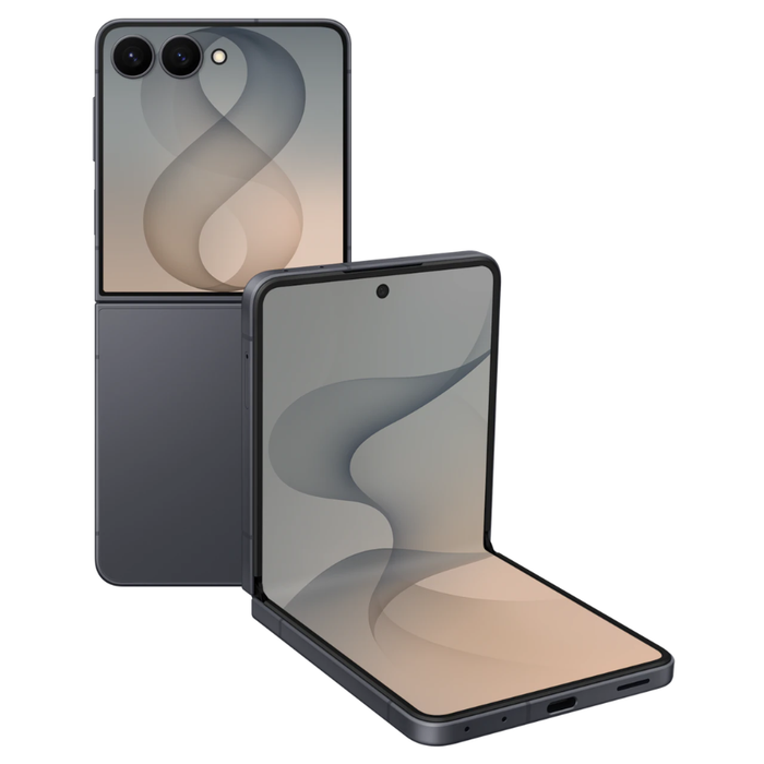 Graphite foldable 5G smartphone, open with front screen on display