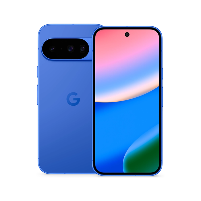 Smartphone with blue back and blue-to-pink front display, cameras on top