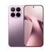 Violet smartphone with quad-camera module on back and front display with wallpaper.