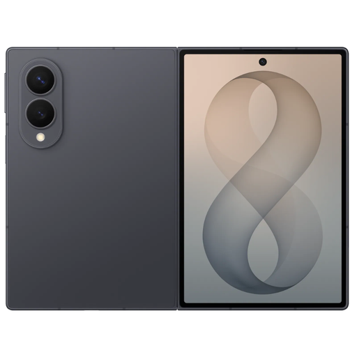 Graphite foldable smartphone showing back and open front display