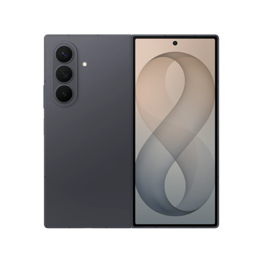 Graphite foldable smartphone, unfolded with front display and triple rear cameras