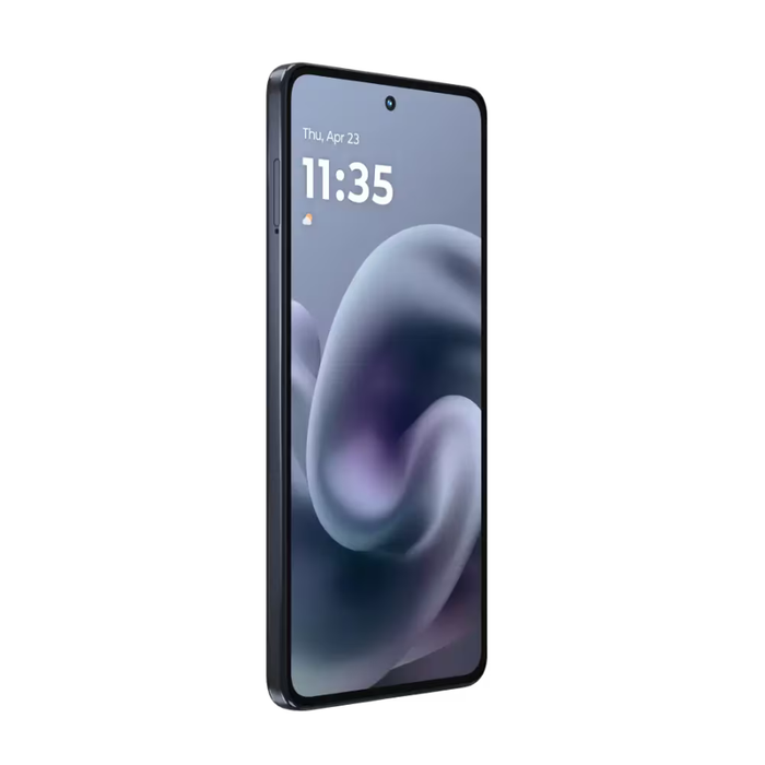Motorola smartphone, dark blue front display angled view, slim bezel