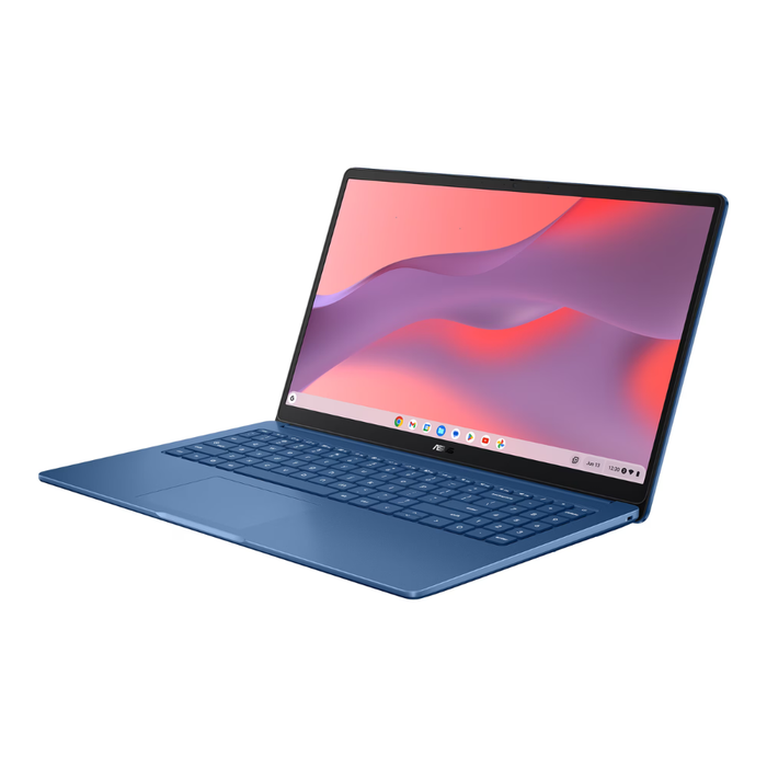 ASUS Chromebook CX15 laptop, blue open angle with full keyboard and trackpad