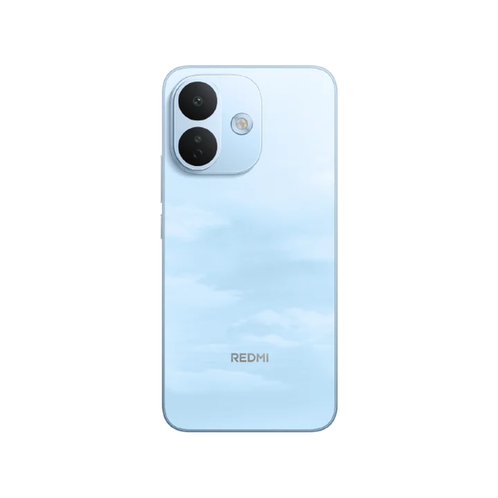 Blue smartphone back view with dual rear cameras and Redmi logo