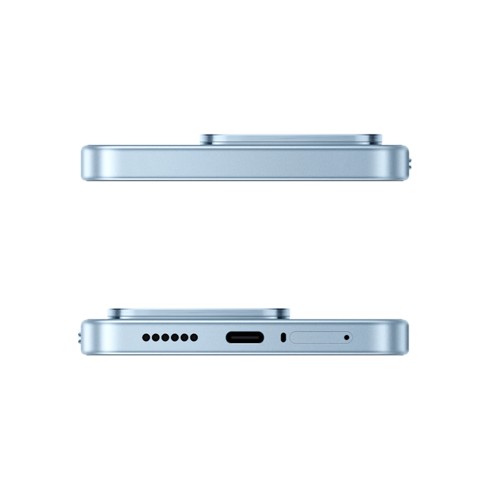 Light blue smartphone top and bottom views showing camera bump and ports.