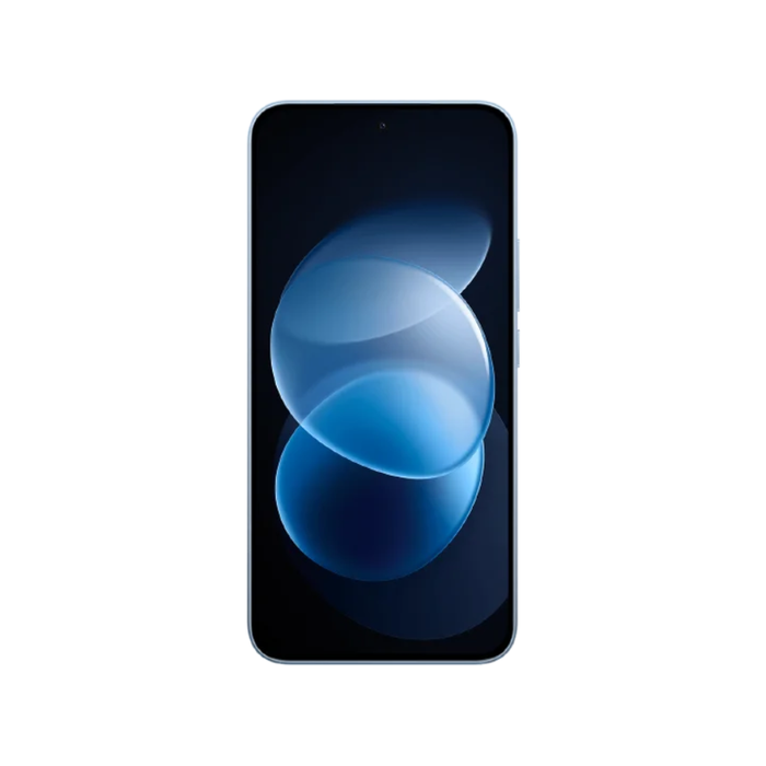 Blue smartphone front view with abstract blue circular wallpaper on the display