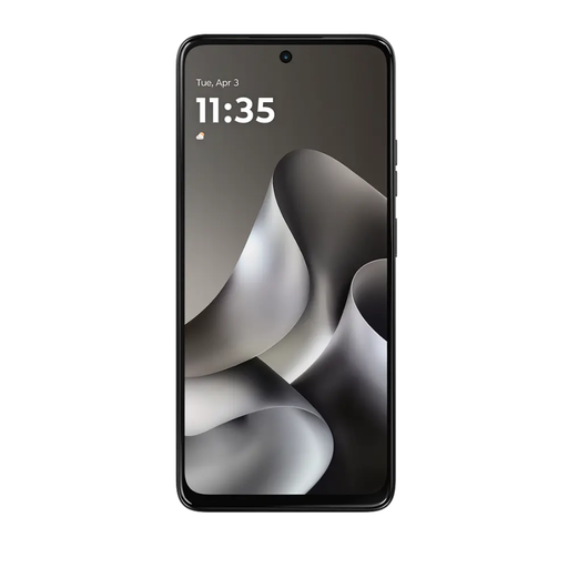Motorola smartphone front view with dark display and slim, curved case edges