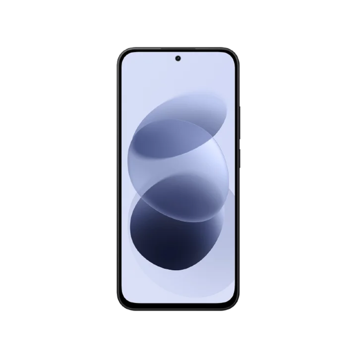 Black smartphone front with centered dot and abstract blue screen