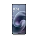 Motorola smartphone, dark blue front display with time and date on screen