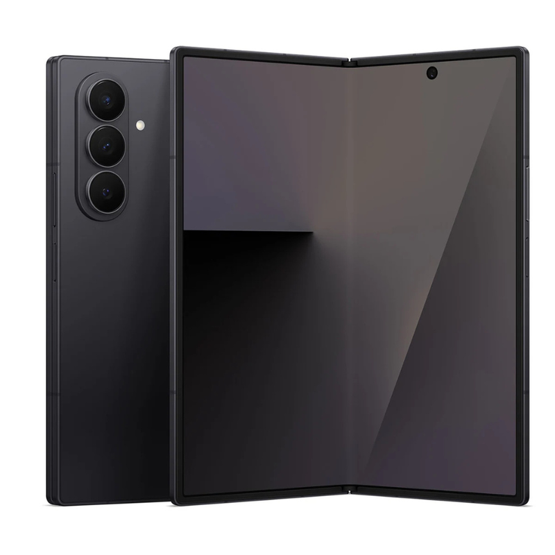Jet Black foldable smartphone with triple rear cameras and unfolded interior screen