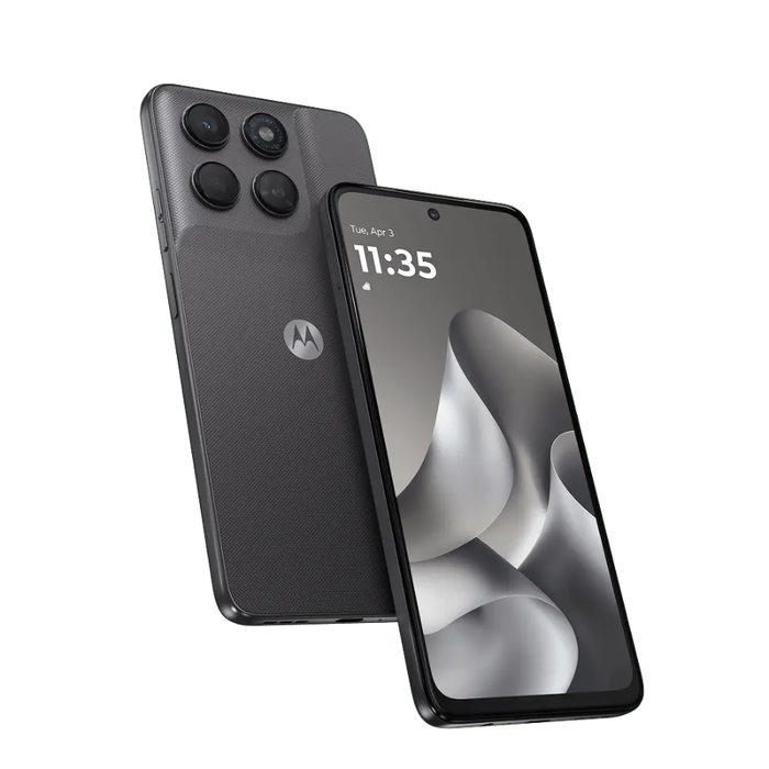 Motorola smartphone with dark back and front display, dual rear cameras visible