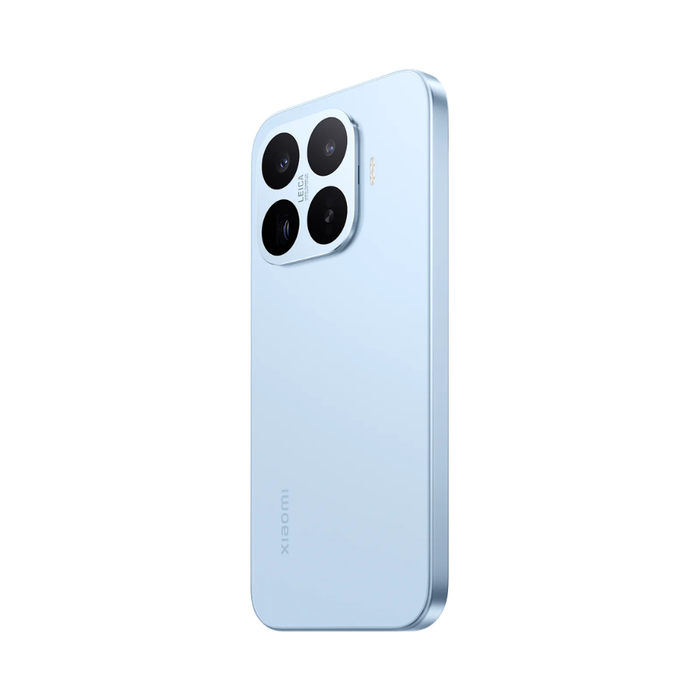 Light blue smartphone with quad-camera module on back and smooth glass front.