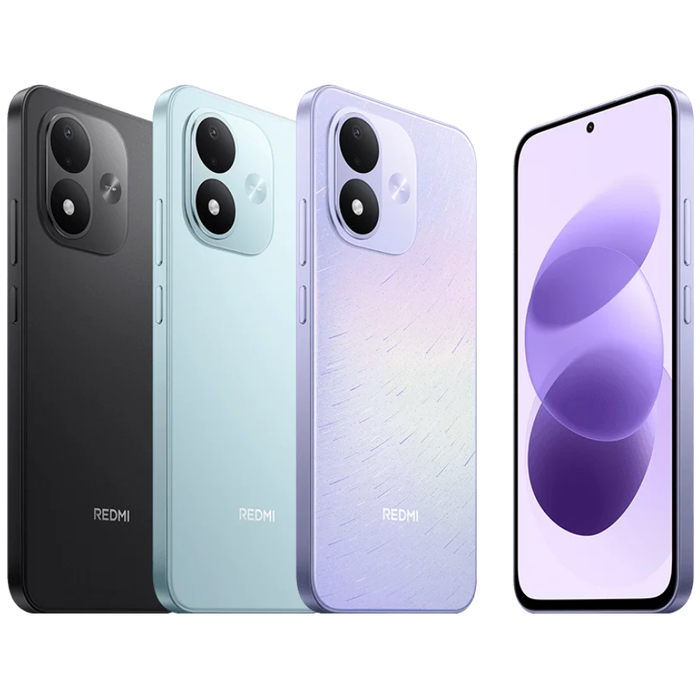 Smartphones in Black, Sky Teal, and Celestial Purple with front displays