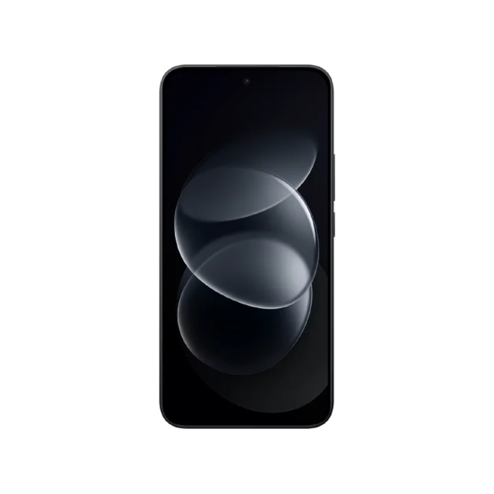 Black smartphone front view with abstract blue circular wallpaper on the display