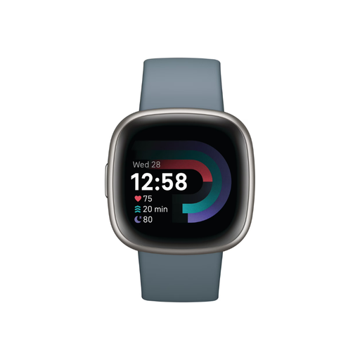 Smartwatch with blue silicone strap and silver-tone aluminum case
