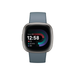 Smartwatch with blue silicone strap and silver-tone aluminum case