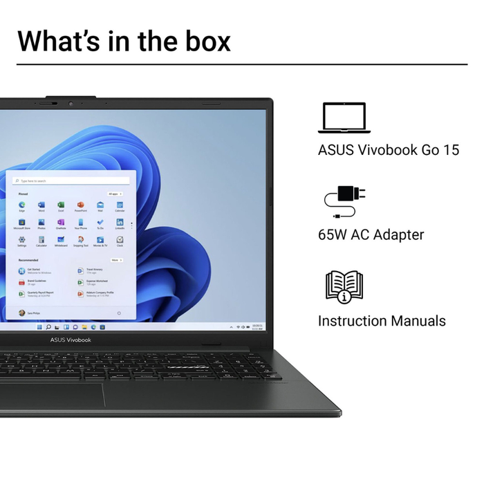 ASUS Vivobook Go 15 laptop with 65W adapter and instruction manuals