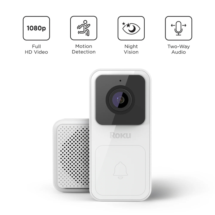 White wired video doorbell with chime speaker, front view