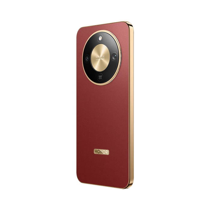 Reddish brown Honor smartphone with oval rear camera module and gold trim