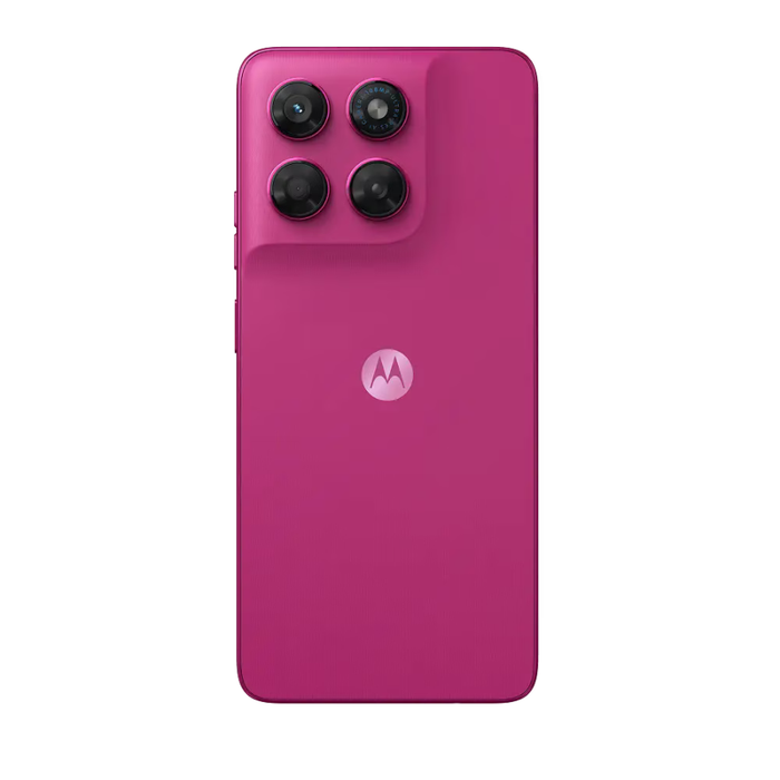 Pink smartphone rear with quad cameras and centered Motorola emblem
