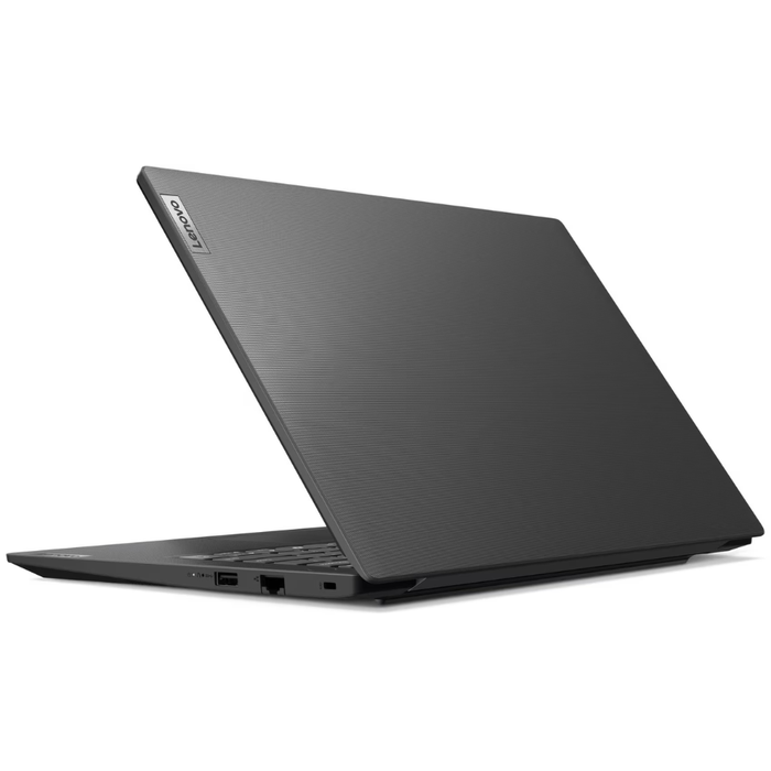 Black Lenovo laptop lid closed from side angle, textured finish and port openings