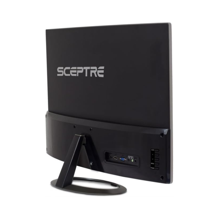 Black curved LED widescreen monitor rear ports with stand