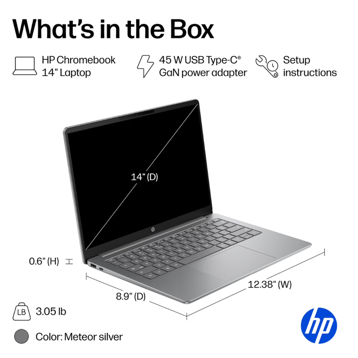 HP Chromebook laptop with size diagram and box contents layout