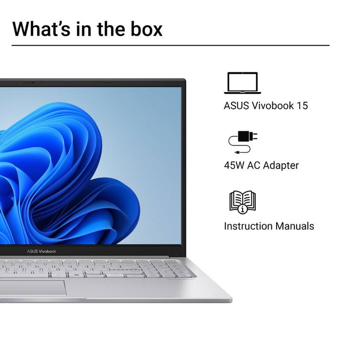 Laptop box contents: ASUS Vivobook 15 laptop, 45W AC adapter, instruction manuals.