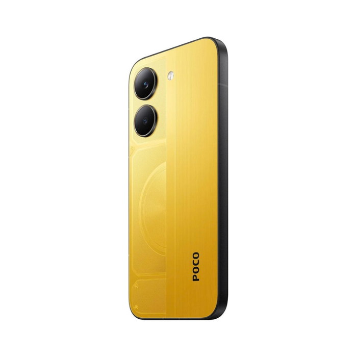 Yellow Poco smartphone back with dual cameras and logo