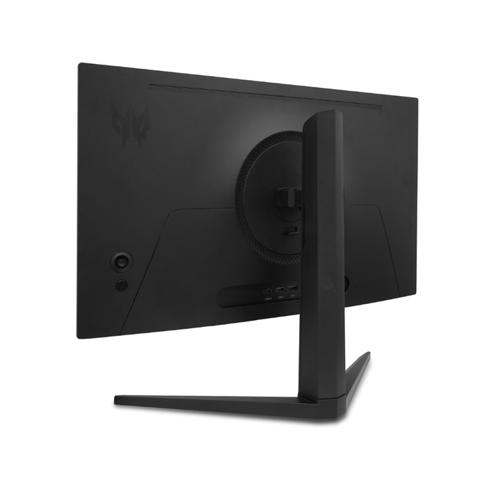 Black gaming monitor back view with central stand and side ports.