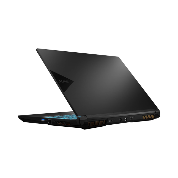 Black gaming laptop angled side view showing ventilation vents and ports