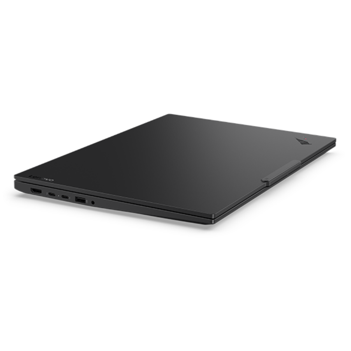 Lenovo ThinkPad E16 laptop side view, black chassis with USB and audio ports