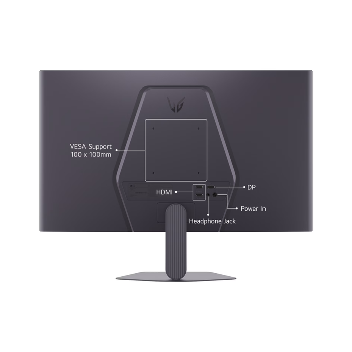 LG UltraGear 27-inch black monitor back, VESA 100x100 and input labels