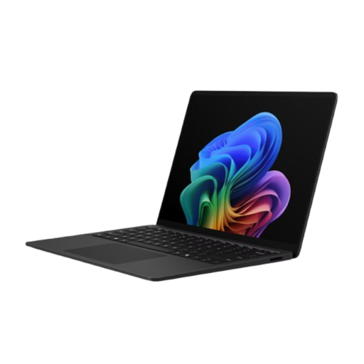 Black Surface laptop angled view with colorful screen and keyboard