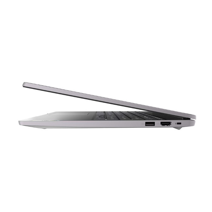 Arctic gray Lenovo Chromebook laptop side profile, showing ports and vent area