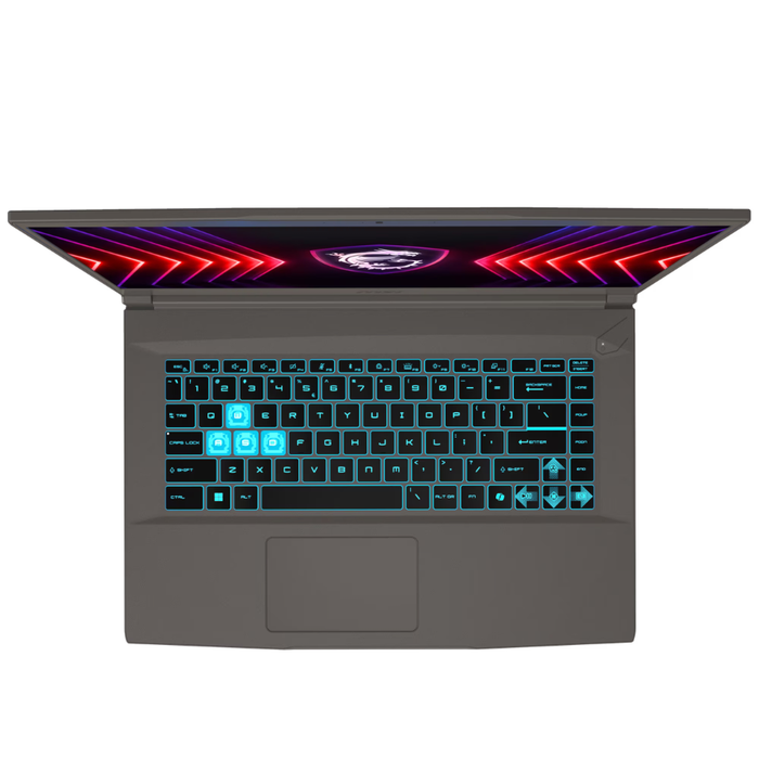 Black gaming laptop keyboard with blue backlit keys and trackpad