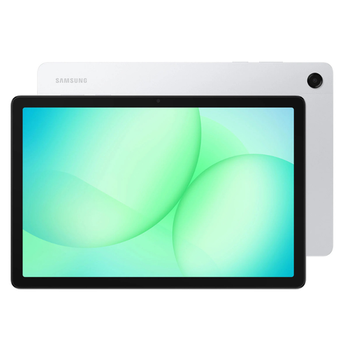 Samsung Galaxy Tab A11+ tablet, silver back, front screen with abstract green-blue