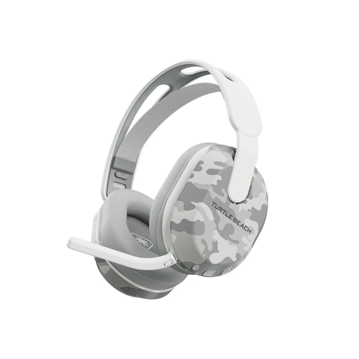 Wireless gaming headset with over-ear cushions and light gray camo side panel