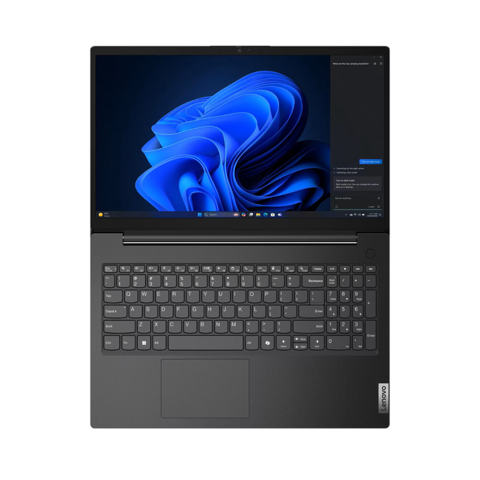 Top view of black Lenovo laptop with 15.6-inch display and trackpad