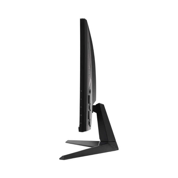 Black gaming monitor side profile with slim display and triangular stand