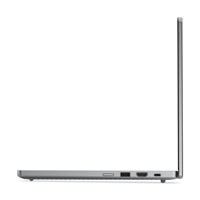 Luna Grey Chromebook laptop side view showing ports and charging connector.