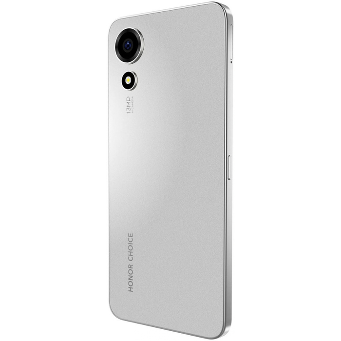 Silver smartphone angled back view with dual rear cameras