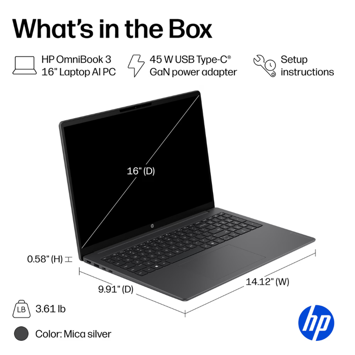 Laptop box contents graphic: laptop, USB-C power adapter, and setup instructions