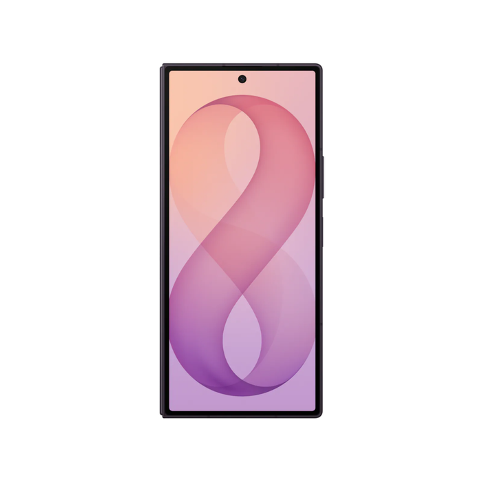 Foldable smartphone front view with violet abstract wallpaper and thin bezels
