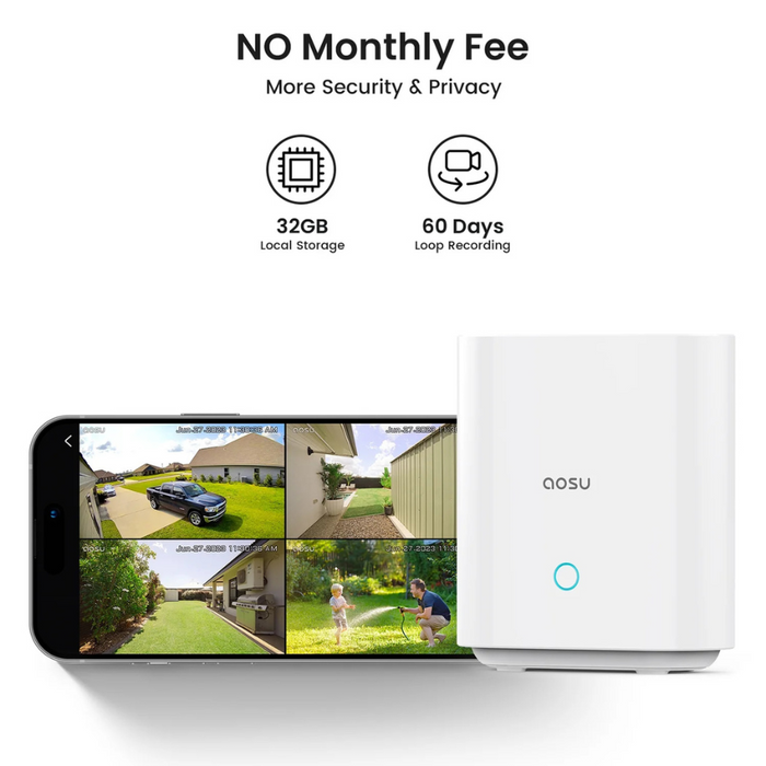 Aosu (C9C3CA11) 2K  Solar Security Camera with a HomeBase Recorder White (NEW)